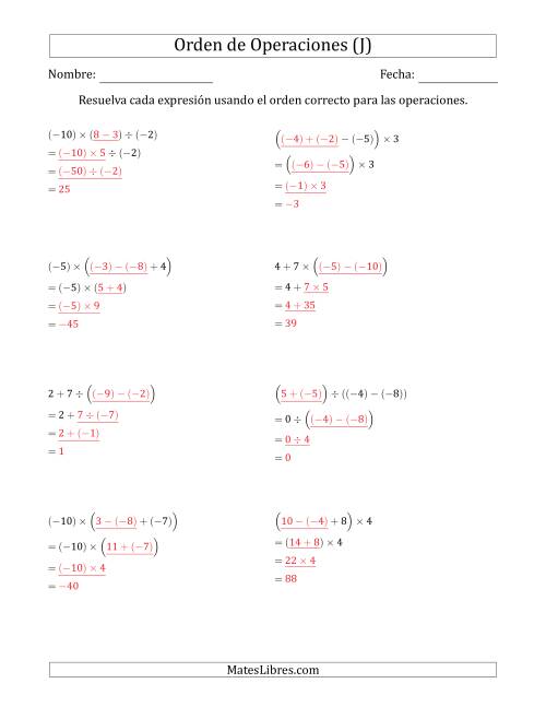 La hoja de ejercicios de Orden de Operaciones con Enteros Positivos y Negativos sin Exponentes (Tres Pasos) (J) Página 2