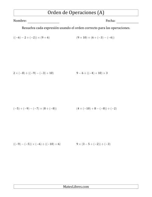 La hoja de ejercicios de Orden de Operaciones con Enteros Positivos y Negativos sin Exponentes (Cuatro Pasos) (A)