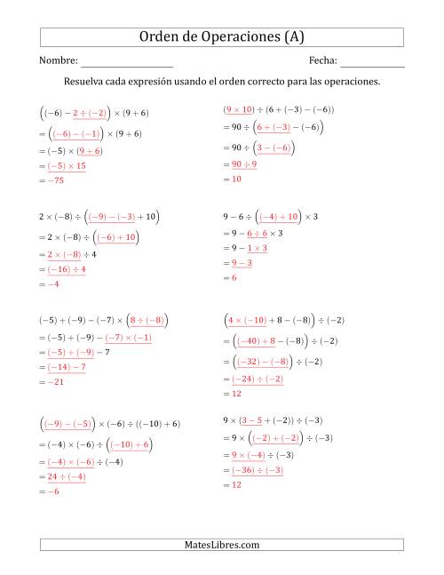 La hoja de ejercicios de Orden de Operaciones con Enteros Positivos y Negativos sin Exponentes (Cuatro Pasos) (A) Página 2