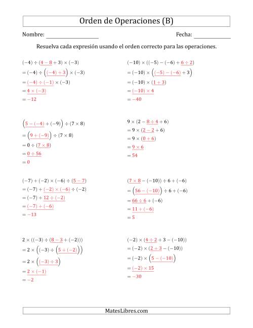 La hoja de ejercicios de Orden de Operaciones con Enteros Positivos y Negativos sin Exponentes (Cuatro Pasos) (B) Página 2
