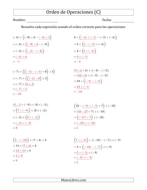 La hoja de ejercicios de Orden de Operaciones con Enteros Positivos y Negativos sin Exponentes (Cuatro Pasos) (C) Página 2