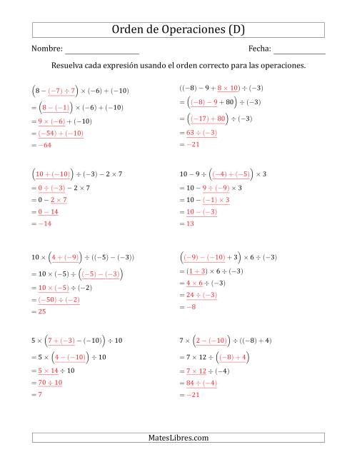 La hoja de ejercicios de Orden de Operaciones con Enteros Positivos y Negativos sin Exponentes (Cuatro Pasos) (D) Página 2