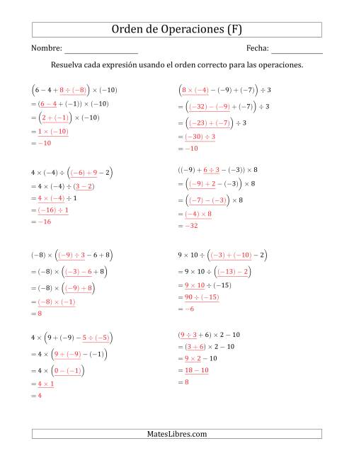 La hoja de ejercicios de Orden de Operaciones con Enteros Positivos y Negativos sin Exponentes (Cuatro Pasos) (F) Página 2