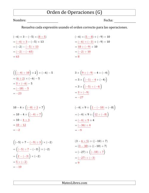 La hoja de ejercicios de Orden de Operaciones con Enteros Positivos y Negativos sin Exponentes (Cuatro Pasos) (G) Página 2