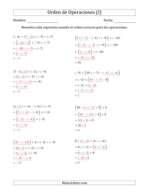 La hoja de ejercicios de Orden de Operaciones con Enteros Positivos y Negativos sin Exponentes (Cuatro Pasos) (I) Página 2
