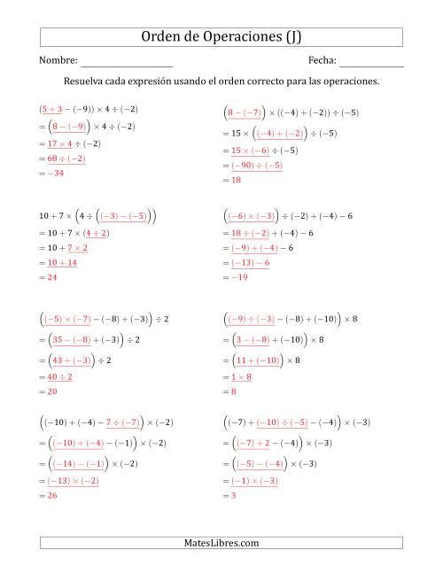 La hoja de ejercicios de Orden de Operaciones con Enteros Positivos y Negativos sin Exponentes (Cuatro Pasos) (J) Página 2
