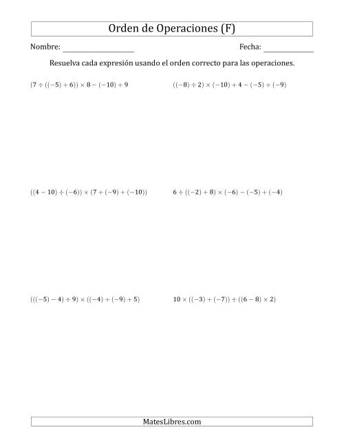 La hoja de ejercicios de Orden de Operaciones con Enteros Positivos y Negativos sin Exponentes (Cinco Pasos) (F)