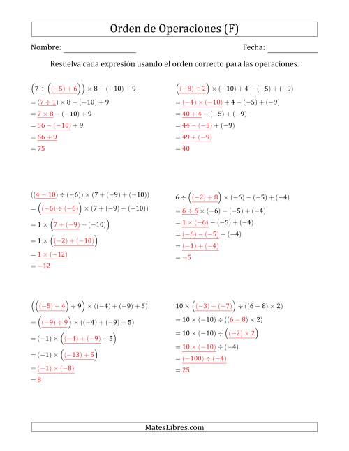 La hoja de ejercicios de Orden de Operaciones con Enteros Positivos y Negativos sin Exponentes (Cinco Pasos) (F) Página 2