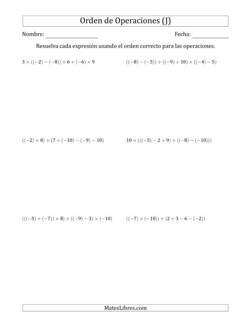 La hoja de ejercicios de Orden de Operaciones con Enteros Positivos y Negativos sin Exponentes (Cinco Pasos) (J)