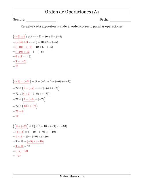 La hoja de ejercicios de Orden de Operaciones con Enteros Positivos y Negativos sin Exponentes (Dos Pasos) (A) Página 2