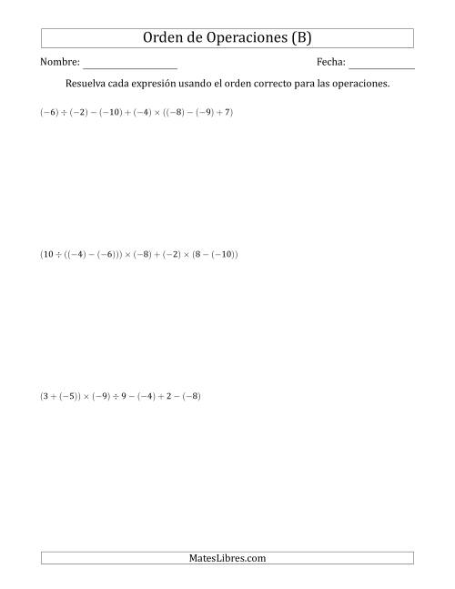 La hoja de ejercicios de Orden de Operaciones con Enteros Positivos y Negativos sin Exponentes (Dos Pasos) (B)