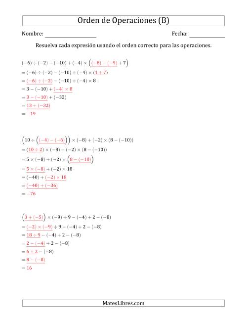La hoja de ejercicios de Orden de Operaciones con Enteros Positivos y Negativos sin Exponentes (Dos Pasos) (B) Página 2