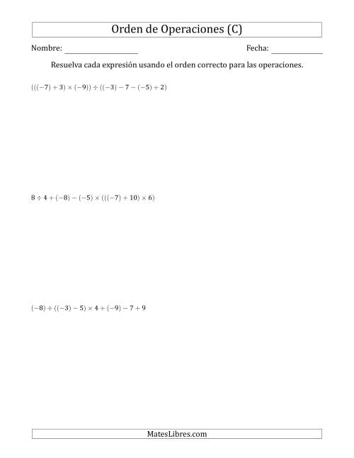 La hoja de ejercicios de Orden de Operaciones con Enteros Positivos y Negativos sin Exponentes (Dos Pasos) (C)