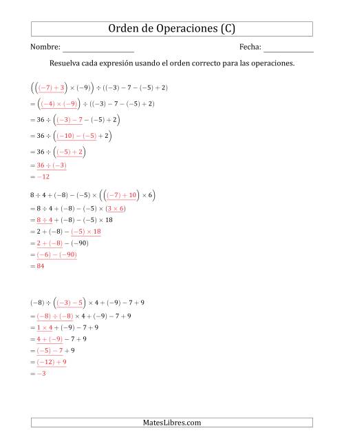 La hoja de ejercicios de Orden de Operaciones con Enteros Positivos y Negativos sin Exponentes (Dos Pasos) (C) Página 2