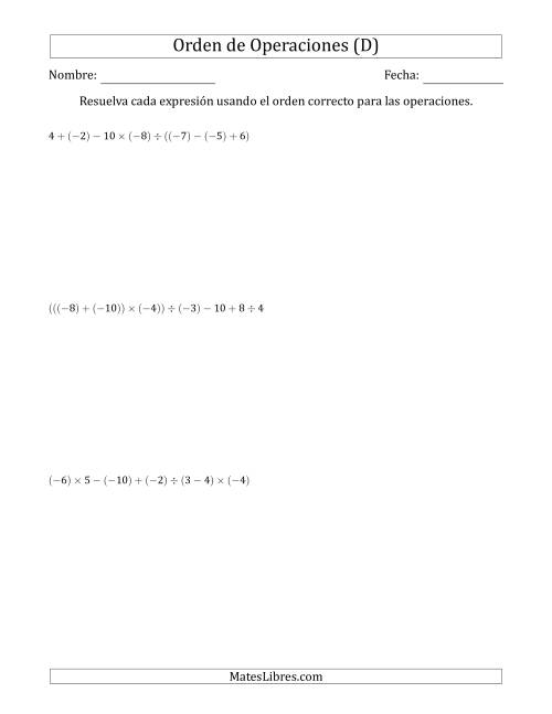 La hoja de ejercicios de Orden de Operaciones con Enteros Positivos y Negativos sin Exponentes (Dos Pasos) (D)
