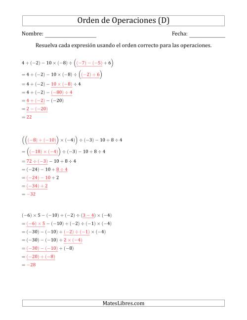 La hoja de ejercicios de Orden de Operaciones con Enteros Positivos y Negativos sin Exponentes (Dos Pasos) (D) Página 2