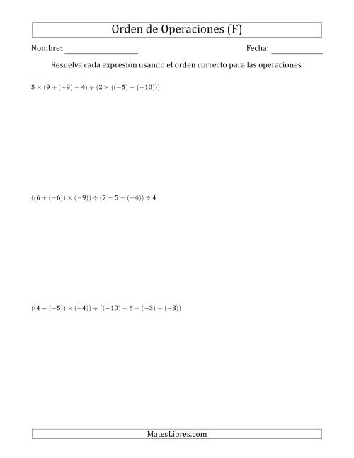 La hoja de ejercicios de Orden de Operaciones con Enteros Positivos y Negativos sin Exponentes (Dos Pasos) (F)