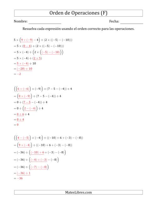 La hoja de ejercicios de Orden de Operaciones con Enteros Positivos y Negativos sin Exponentes (Dos Pasos) (F) Página 2