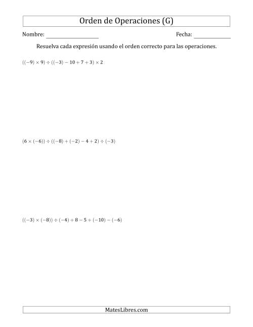 La hoja de ejercicios de Orden de Operaciones con Enteros Positivos y Negativos sin Exponentes (Dos Pasos) (G)