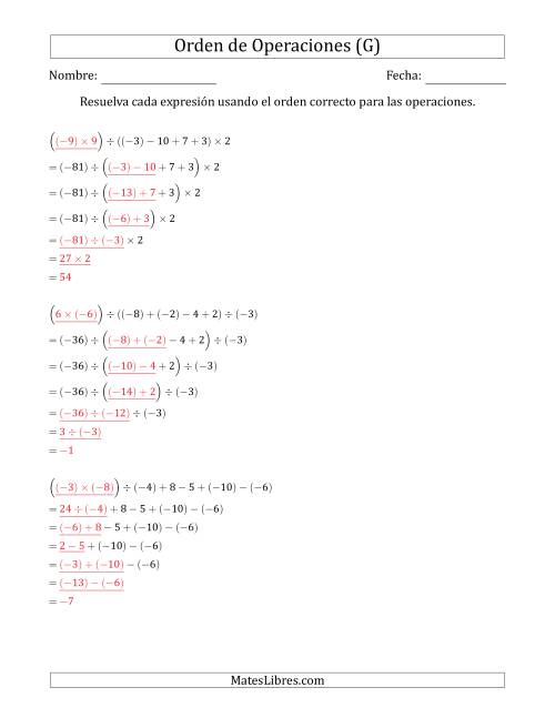 La hoja de ejercicios de Orden de Operaciones con Enteros Positivos y Negativos sin Exponentes (Dos Pasos) (G) Página 2