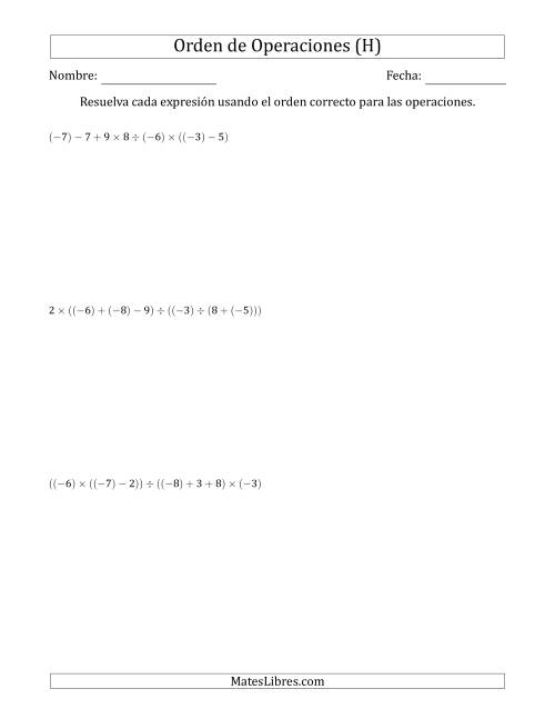 La hoja de ejercicios de Orden de Operaciones con Enteros Positivos y Negativos sin Exponentes (Dos Pasos) (H)