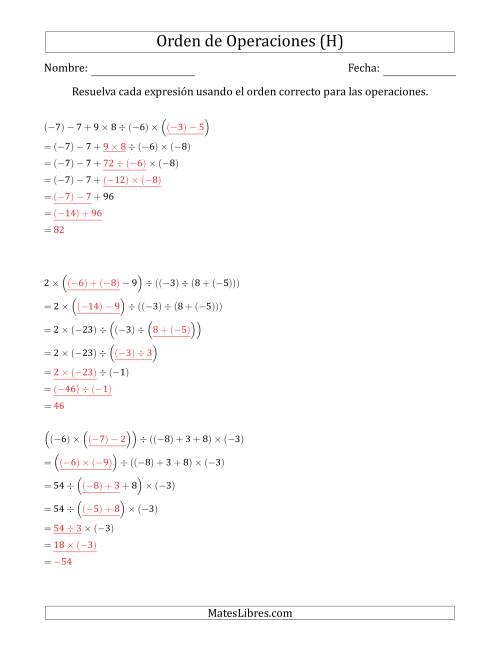 La hoja de ejercicios de Orden de Operaciones con Enteros Positivos y Negativos sin Exponentes (Dos Pasos) (H) Página 2