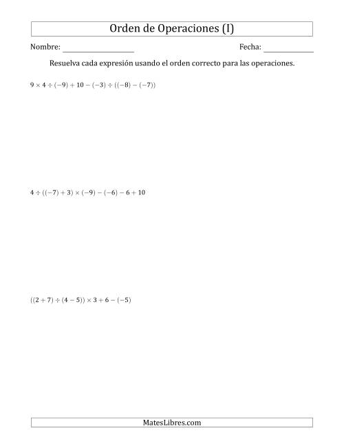 La hoja de ejercicios de Orden de Operaciones con Enteros Positivos y Negativos sin Exponentes (Dos Pasos) (I)