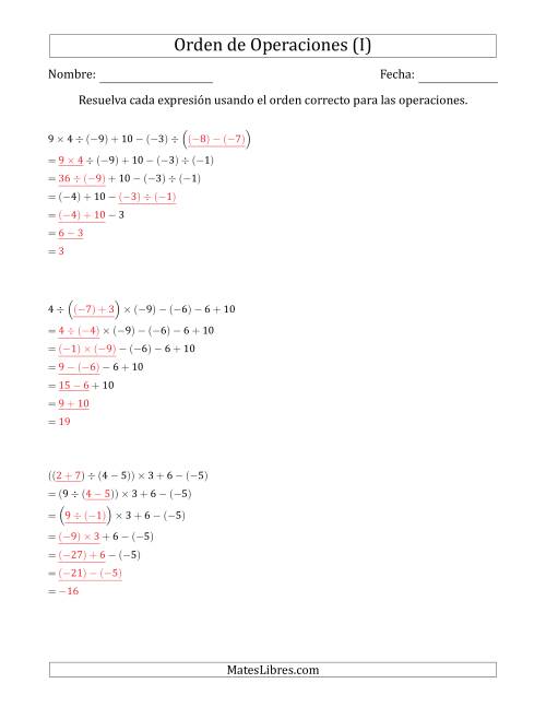 La hoja de ejercicios de Orden de Operaciones con Enteros Positivos y Negativos sin Exponentes (Dos Pasos) (I) Página 2