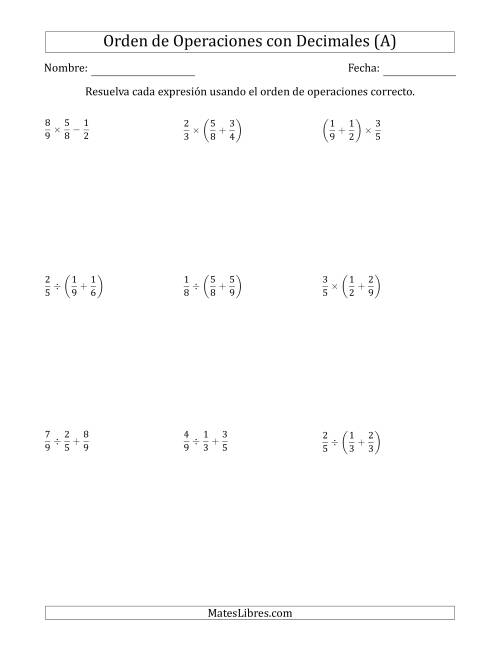La hoja de ejercicios de Orden de Operaciones con Fracciones Positivas sin Exponentes (Dos Pasos) (A)
