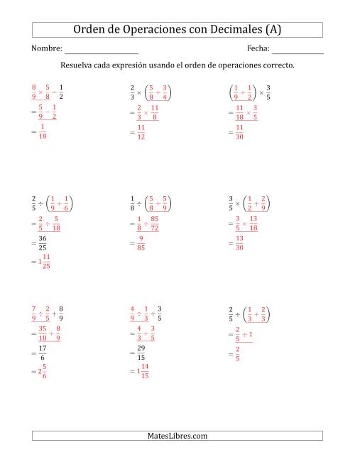 La hoja de ejercicios de Orden de Operaciones con Fracciones Positivas sin Exponentes (Dos Pasos) (A) Página 2