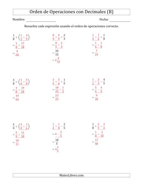 La hoja de ejercicios de Orden de Operaciones con Fracciones Positivas sin Exponentes (Dos Pasos) (B) Página 2