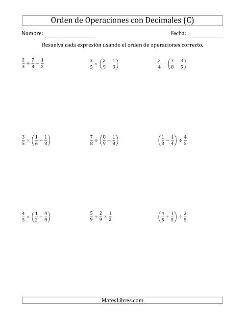 La hoja de ejercicios de Orden de Operaciones con Fracciones Positivas sin Exponentes (Dos Pasos) (C)