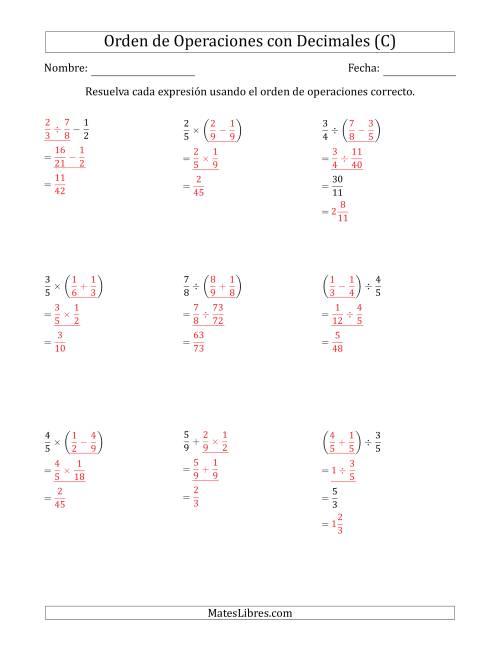 La hoja de ejercicios de Orden de Operaciones con Fracciones Positivas sin Exponentes (Dos Pasos) (C) Página 2