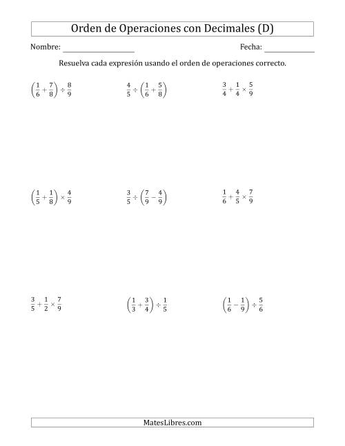 La hoja de ejercicios de Orden de Operaciones con Fracciones Positivas sin Exponentes (Dos Pasos) (D)