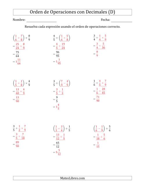 La hoja de ejercicios de Orden de Operaciones con Fracciones Positivas sin Exponentes (Dos Pasos) (D) Página 2