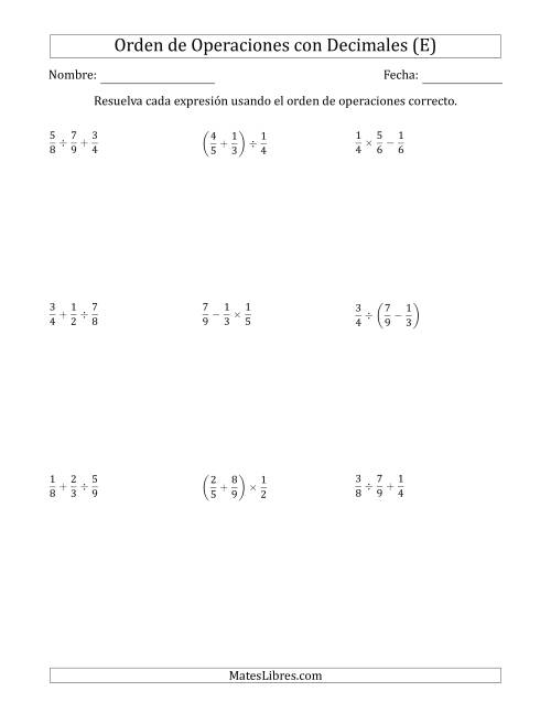 La hoja de ejercicios de Orden de Operaciones con Fracciones Positivas sin Exponentes (Dos Pasos) (E)
