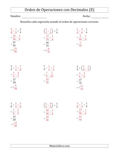 La hoja de ejercicios de Orden de Operaciones con Fracciones Positivas sin Exponentes (Dos Pasos) (E) Página 2