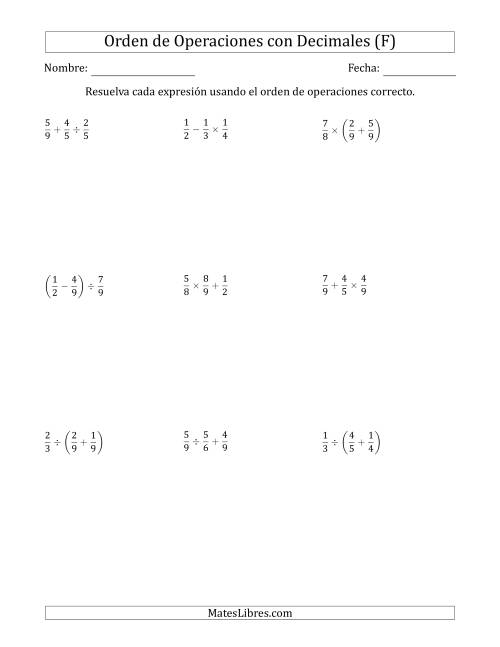 La hoja de ejercicios de Orden de Operaciones con Fracciones Positivas sin Exponentes (Dos Pasos) (F)