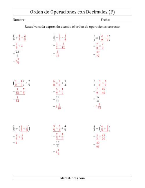 La hoja de ejercicios de Orden de Operaciones con Fracciones Positivas sin Exponentes (Dos Pasos) (F) Página 2