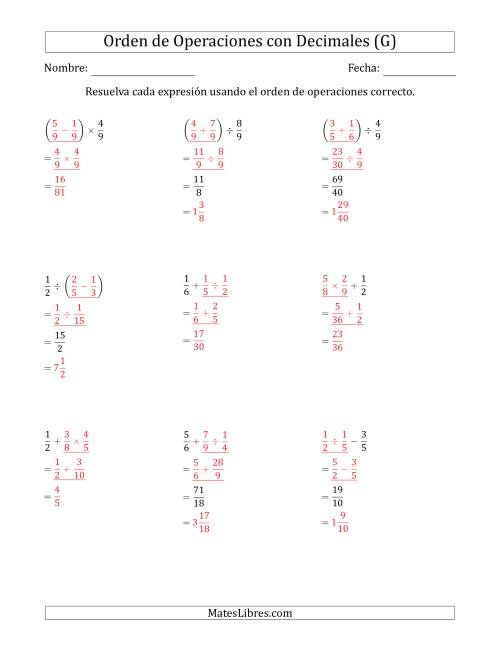 La hoja de ejercicios de Orden de Operaciones con Fracciones Positivas sin Exponentes (Dos Pasos) (G) Página 2