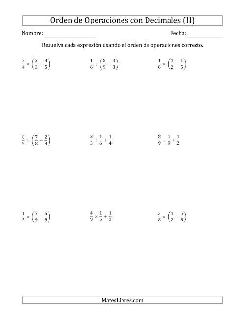 La hoja de ejercicios de Orden de Operaciones con Fracciones Positivas sin Exponentes (Dos Pasos) (H)