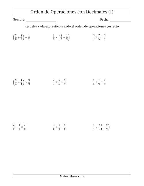La hoja de ejercicios de Orden de Operaciones con Fracciones Positivas sin Exponentes (Dos Pasos) (I)