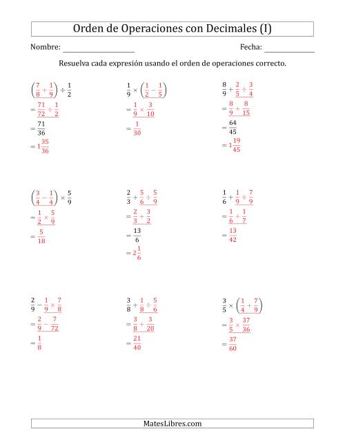 La hoja de ejercicios de Orden de Operaciones con Fracciones Positivas sin Exponentes (Dos Pasos) (I) Página 2