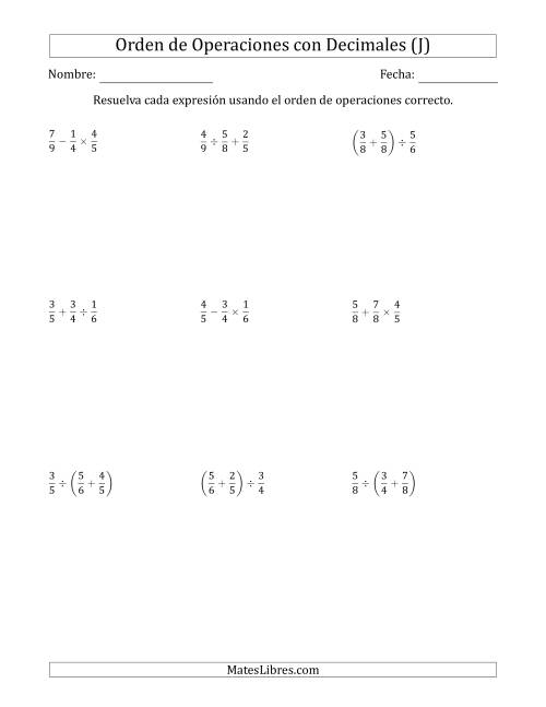 La hoja de ejercicios de Orden de Operaciones con Fracciones Positivas sin Exponentes (Dos Pasos) (J)