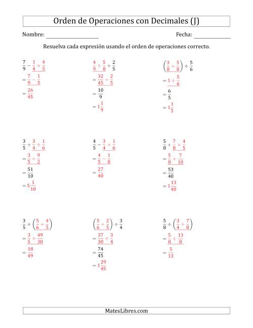La hoja de ejercicios de Orden de Operaciones con Fracciones Positivas sin Exponentes (Dos Pasos) (J) Página 2