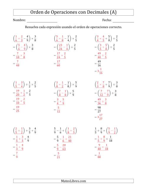La hoja de ejercicios de Orden de Operaciones con Fracciones Positivas sin Exponentes (Tres Pasos) (A) Página 2