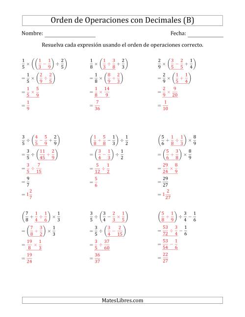La hoja de ejercicios de Orden de Operaciones con Fracciones Positivas sin Exponentes (Tres Pasos) (B) Página 2