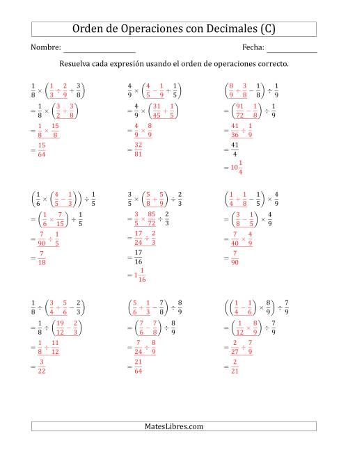 La hoja de ejercicios de Orden de Operaciones con Fracciones Positivas sin Exponentes (Tres Pasos) (C) Página 2