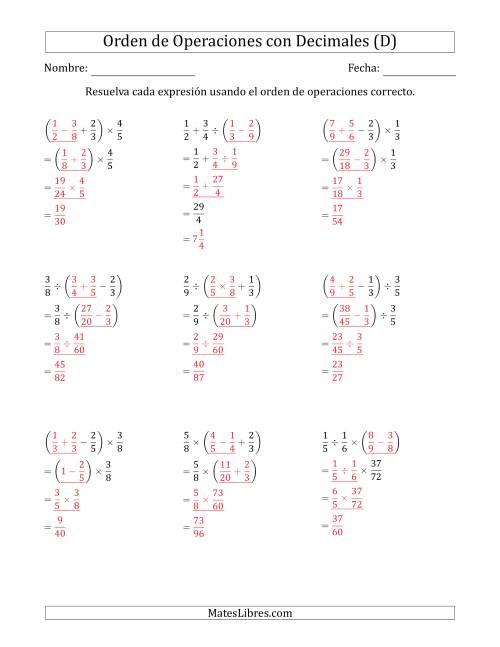 La hoja de ejercicios de Orden de Operaciones con Fracciones Positivas sin Exponentes (Tres Pasos) (D) Página 2