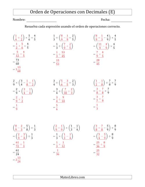 La hoja de ejercicios de Orden de Operaciones con Fracciones Positivas sin Exponentes (Tres Pasos) (E) Página 2